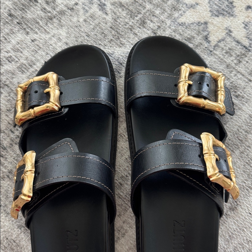 Schutz Black Sandals with Gold Buckles - Picture 4 of 7